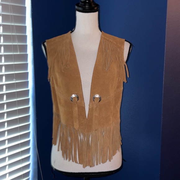 Vintage Jackets & Blazers - Vintage 1970s Ms. Pioneer Genuine Leather Fringe Vest - Size 8 - Tan